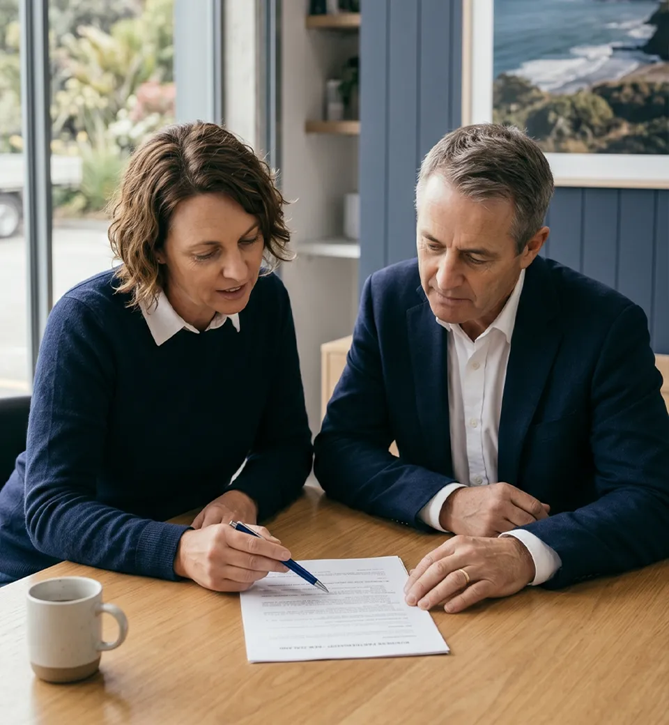 NZ business partners reviewing a shareholders agreement — Margate Group