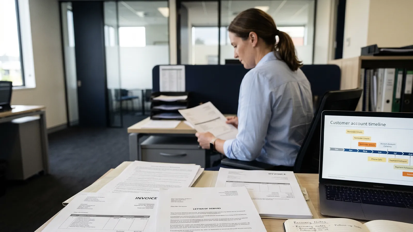 NZ business owner reviewing overdue invoices and debt recovery options