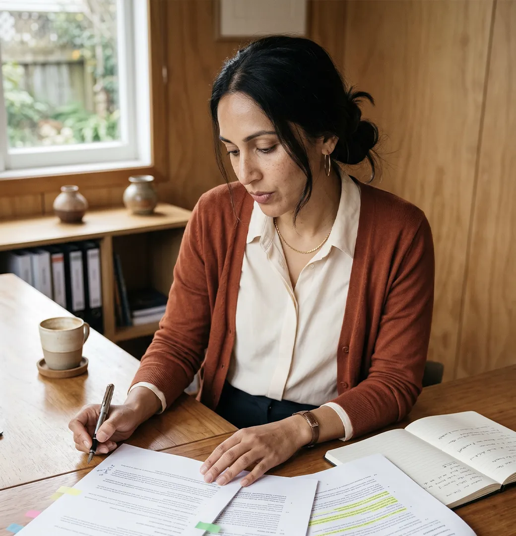 Business Documentation Health Check NZ · Margate Group consultant auditing a printed employment agreement, terms of trade and commercial lease for an SME owner