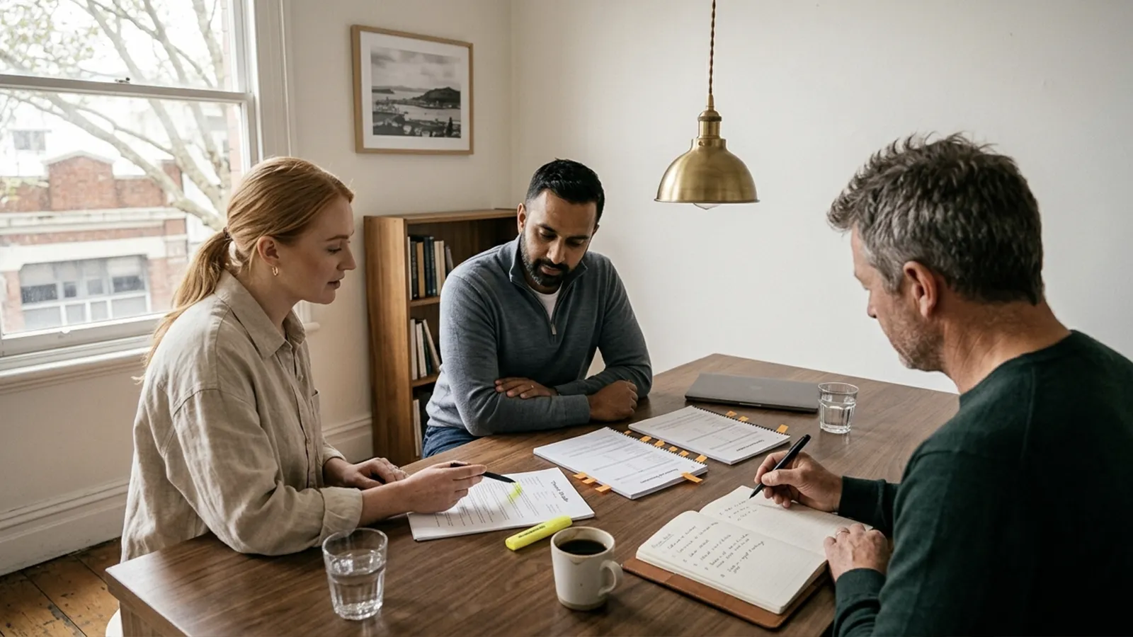 NZ SME owner working through a printed terms of trade and employment agreement with a Margate Group consultant in an Auckland office