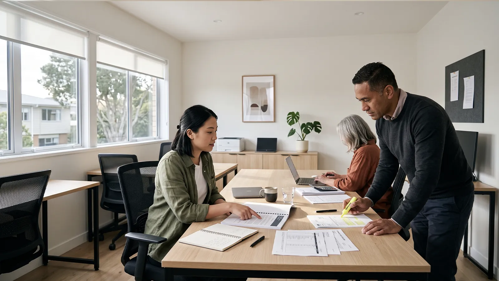 NZ buyer reviewing a due diligence findings report and Companies Office register printout at a workbench