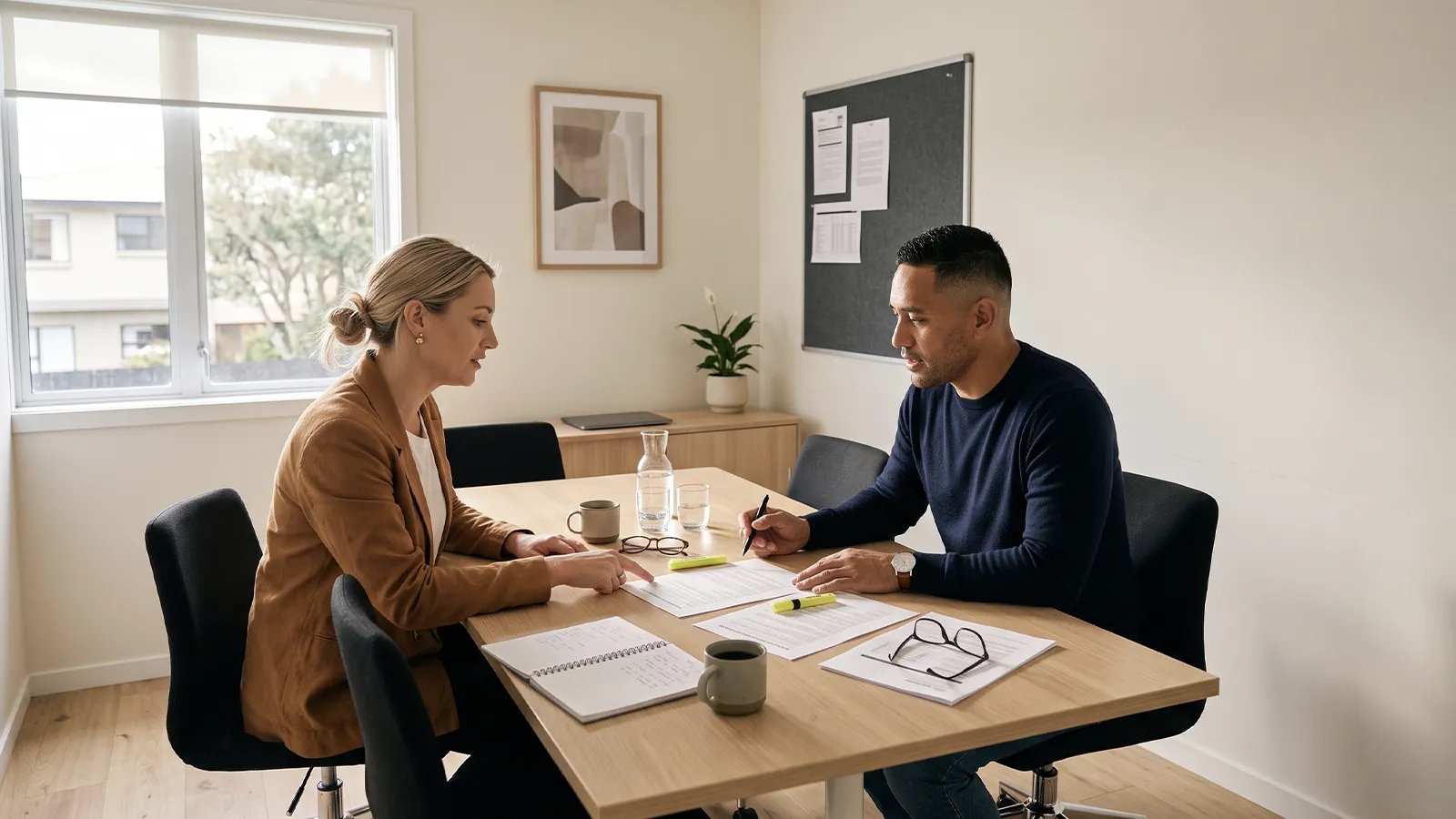 NZ buyer reviewing a printed Sale and Purchase Agreement and financial records with a Margate Group consultant
