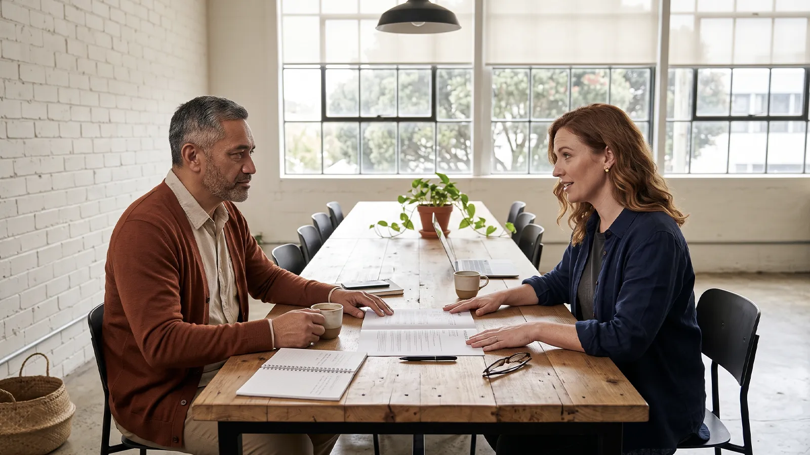 NZ business owner reviewing a printed terms of trade NZ document with a Margate Group consultant