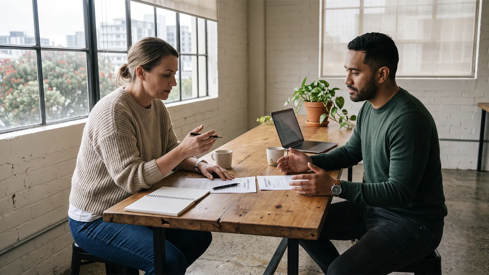 NZ business owner discussing a contractor agreement with a freelancer