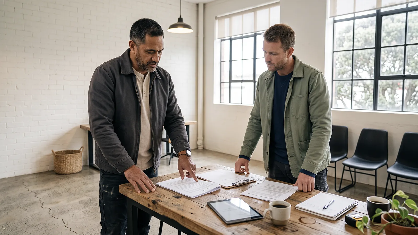 NZ trade contractor reviewing a site induction document with the principal