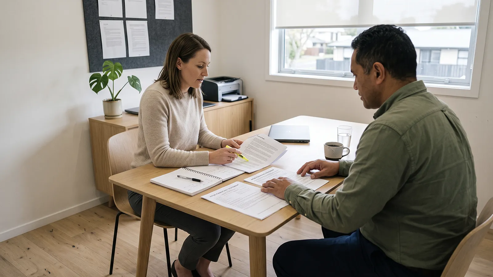 NZ business owner reviewing a printed terms of trade and PPSR financing statement with a Margate Group consultant in an Auckland office