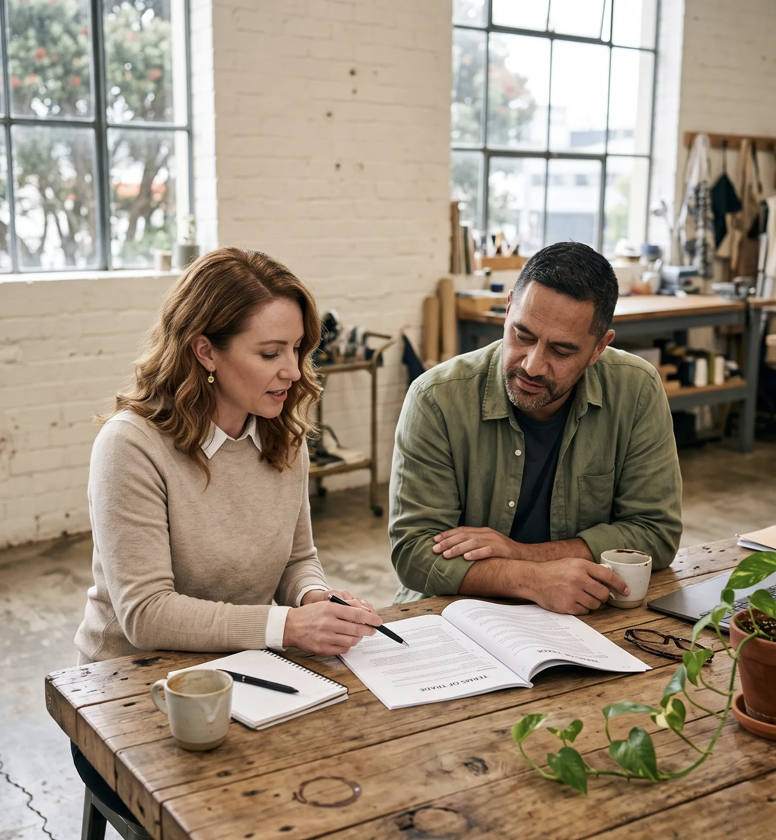 Trusted terms of trade NZ drafting · Margate Group consultant reviewing a printed Terms of Trade document with a business owner